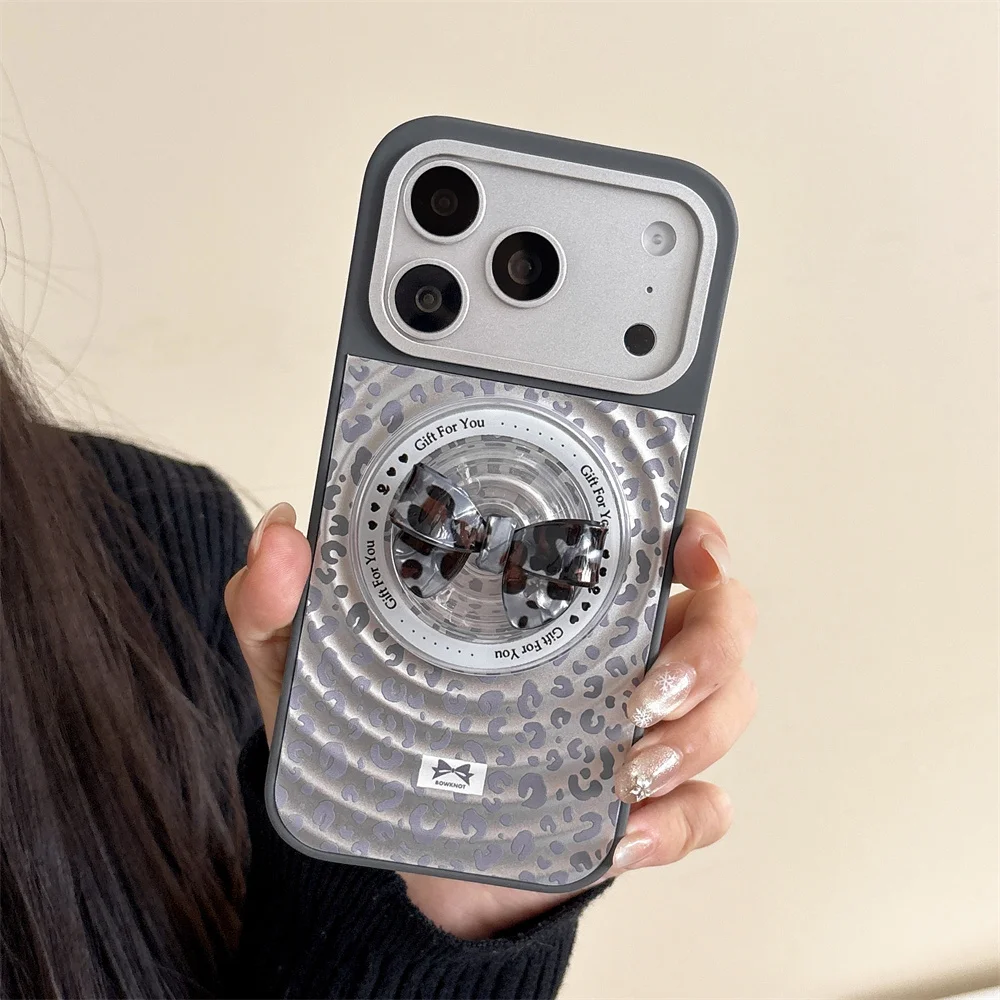

New luxury gray leopard print FRO magnetic case with bow bracket suitable for iPhone 17 ProMax15, 16Pro all inclusive anti fall