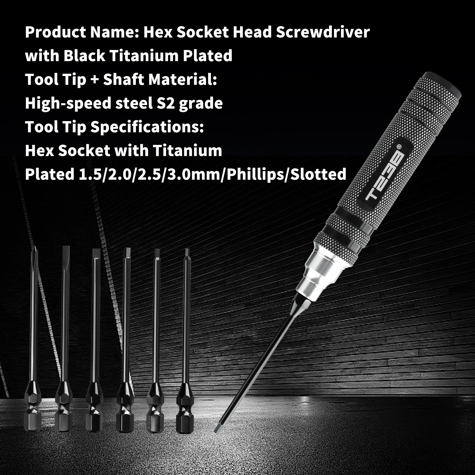 T238 Professional Black Titanium Screwdriver Set Hexagonal 1.5mm 2.0mm 2.5mm 3.0mm Flathead Bit 3.0mm Phillips Head Bit 3.0mm