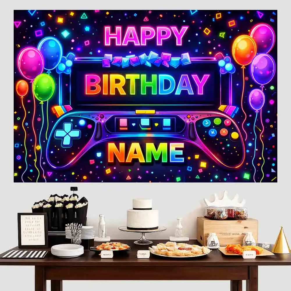 Neon Gamer Birthday Backdrop Controller Balloon Screen Background for Video Game Themed Party Decorations Photo Booth Props
