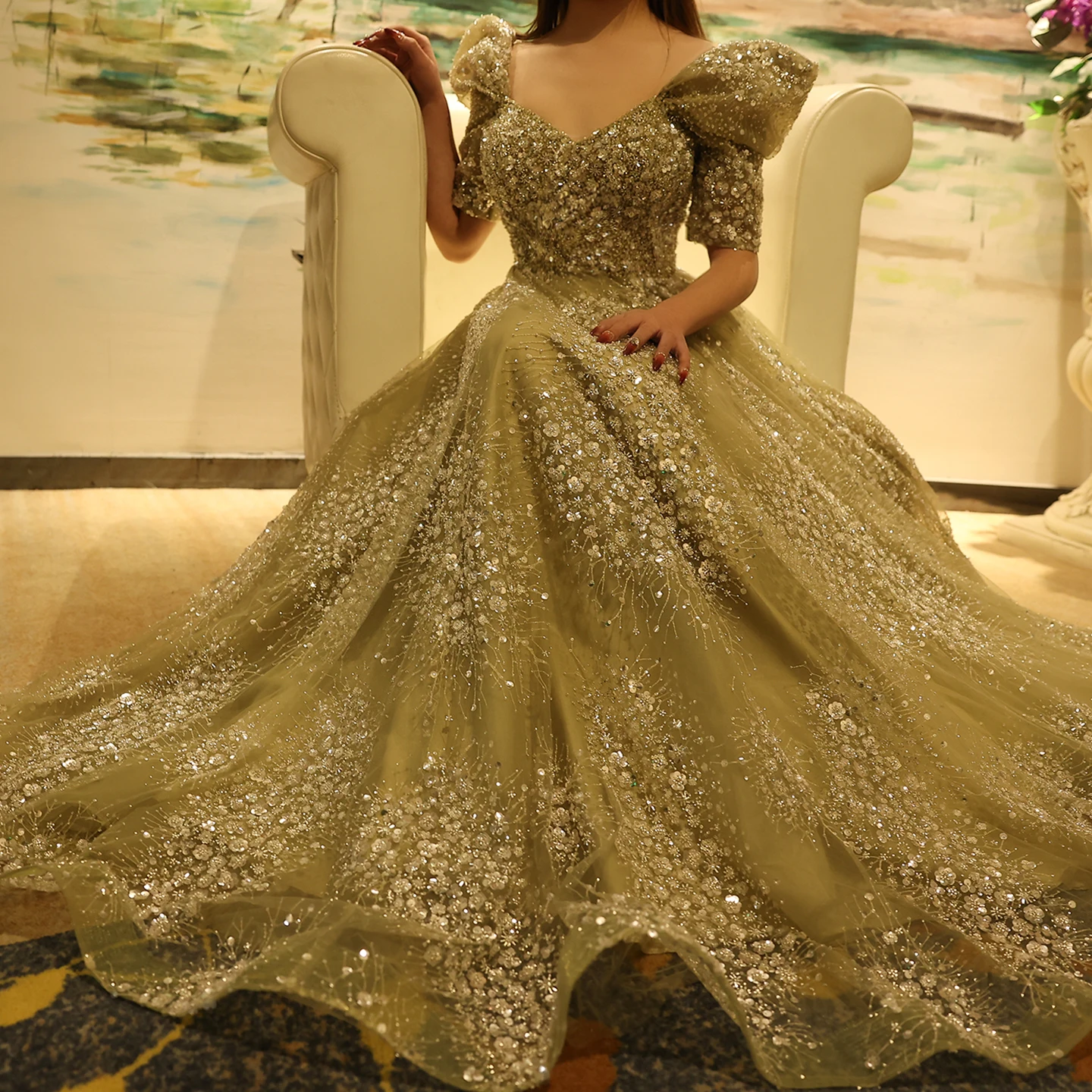 Sharon Said Glitzerndes Limonengrünes Luxus-Abendkleid aus Dubai für Arabische Hochzeiten, Verlobungen und Formelle Anlässe, Modell SS155, Maßanfertigung – Detail 9