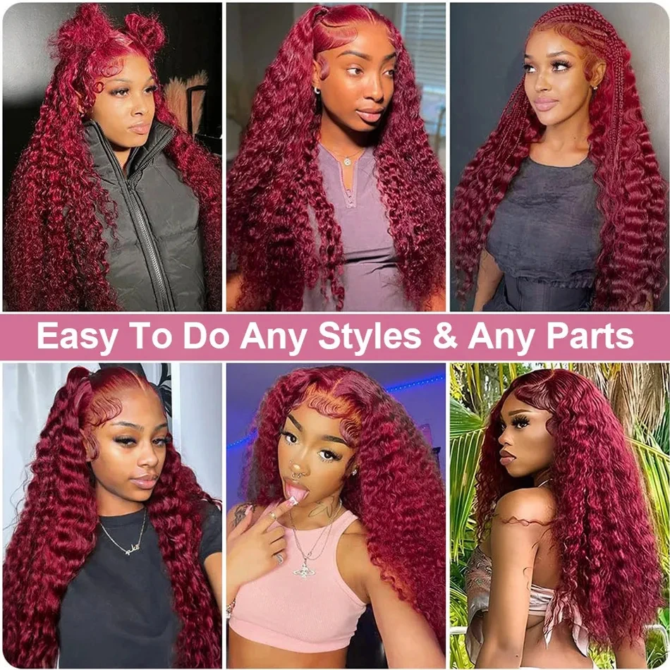 200 Density 99j Burgundy 30 40 Inch HD 13x6 Lace Frontal Wigs Human Hair Transparent Preplucked Red Colored Deep Wave Remy Hair image 6