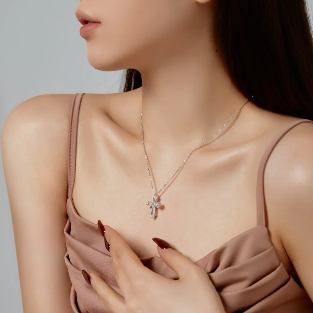 S925 sterling silver luxury jewelry high-grade pentagonal zircon cross pendant necklace holiday gift