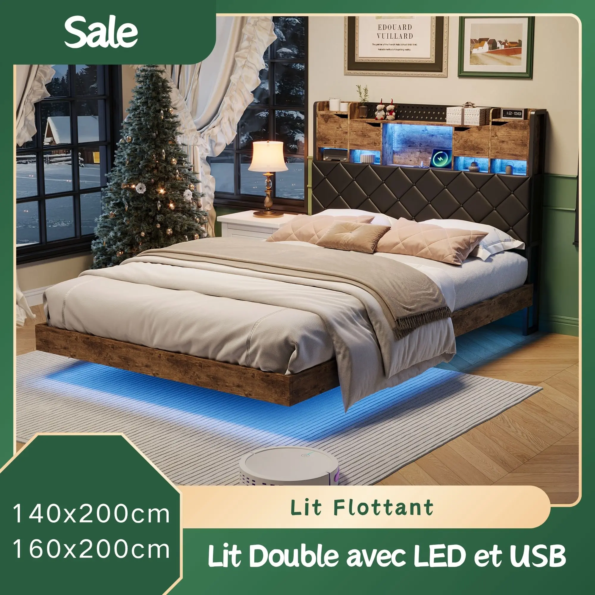 Cama doble tapizada de 140x200 cm, cama flotante con LED y USB, cama juvenil con cabecero con almacenamiento, cama de 160x200 con almacenamiento, cama con almacenamiento, estructura de cama con somier de láminas, PU,