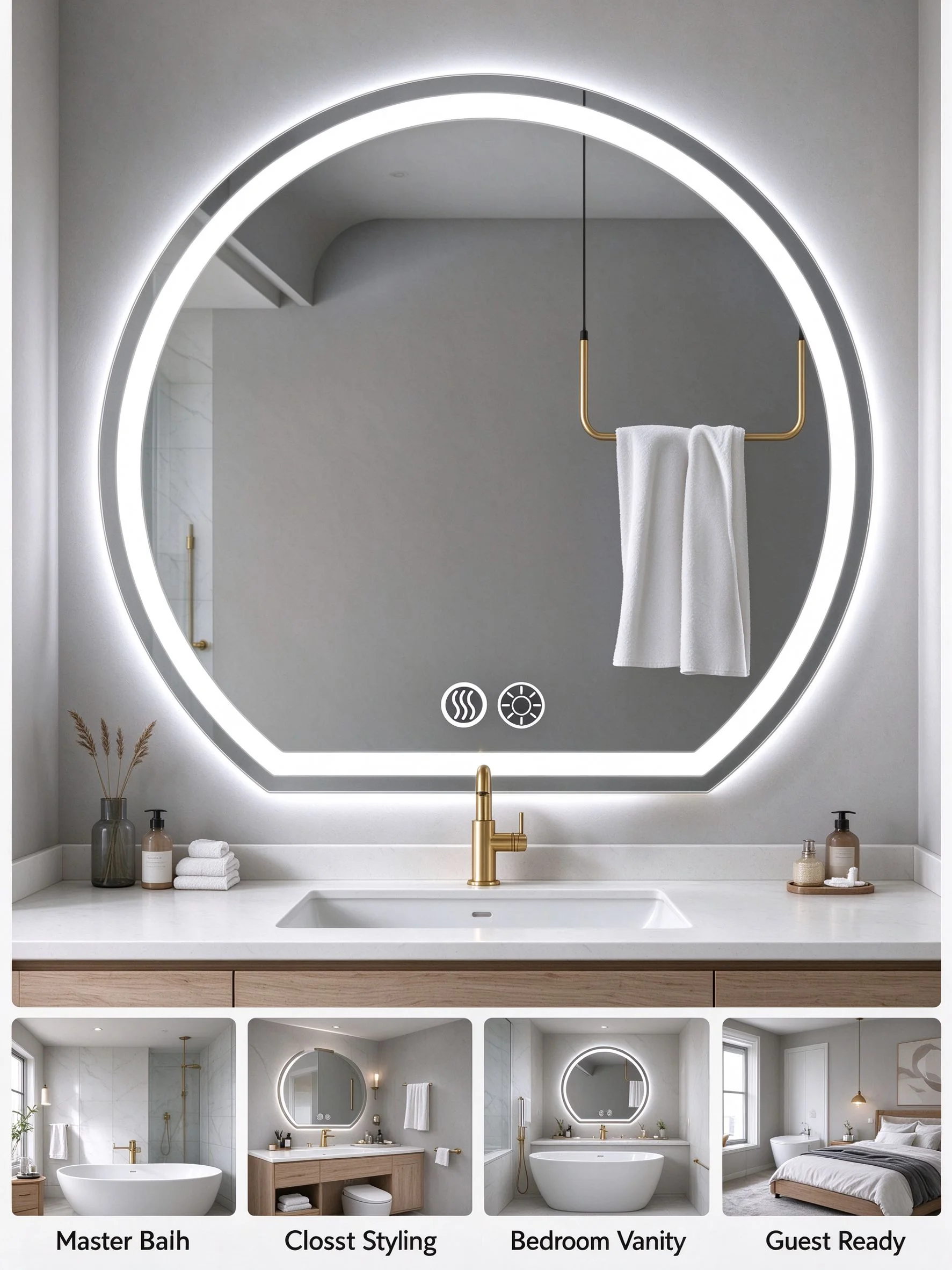 20in Unique Round LED Lighted Mirror, Auto Defog Steam Removal, Touch Hold Stepless Dimming, Wall Mount Smart Grooming Mirror