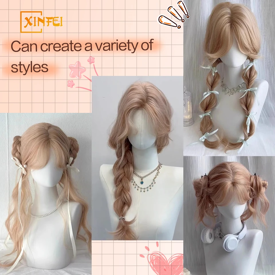 Peruca sintética parte média longo cabelo encaracolado com franja sintética fofo lolita cosplay peruca feminina resistente ao calor para festa diária