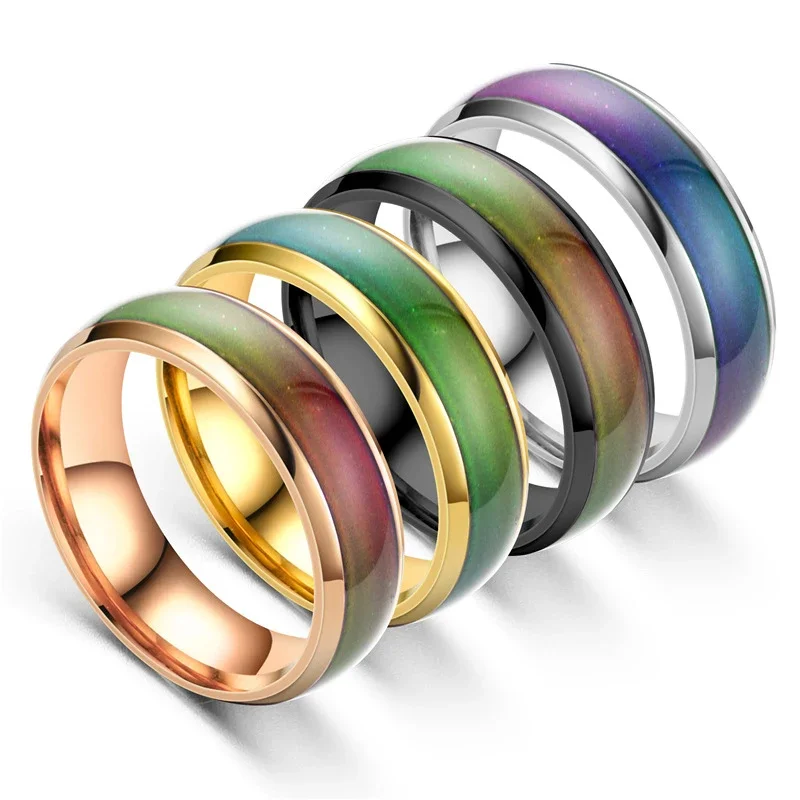 Bagues en acier inoxydable 5 couleurs changeantes, bagues d'humeur, d'émotion, de sensation et de température pour femmes, hommes, couples, bijoux tonifiants, cadeau