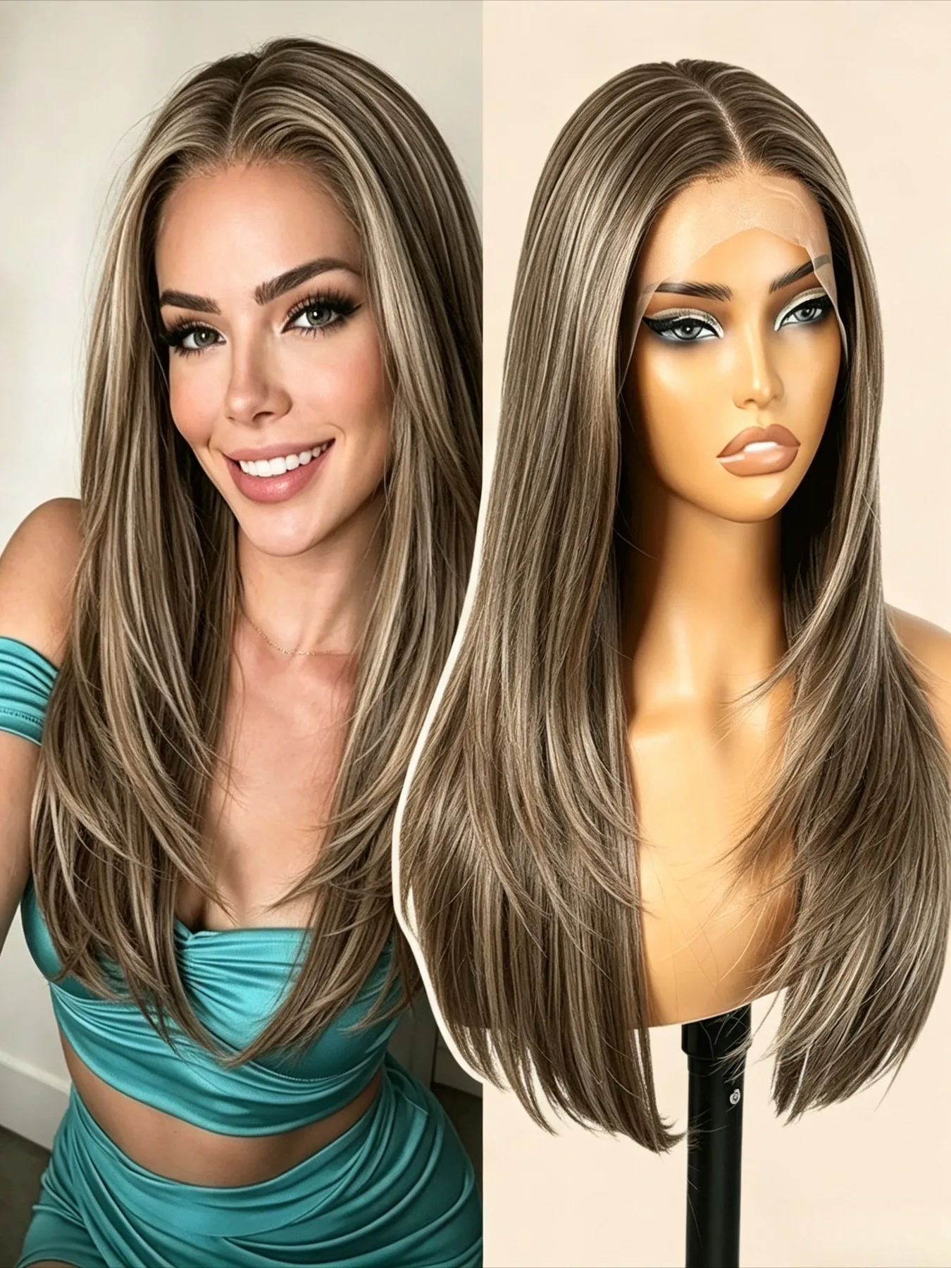 Lightweight Wearable Straight Layered Synthetic Wigs 20 Inch Ash Blonde Dark Roots Machine Crafted Heat Resistant Fiber Beginner