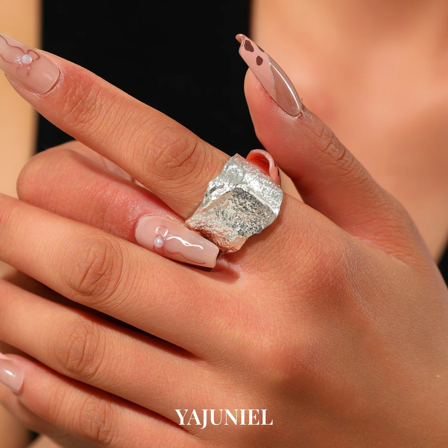 YAJUNIEL White Gold Plated Wrinkled Texture Open Ring for Women Hypoallergenic Brass Adjustable Statement Ring Unique Gift