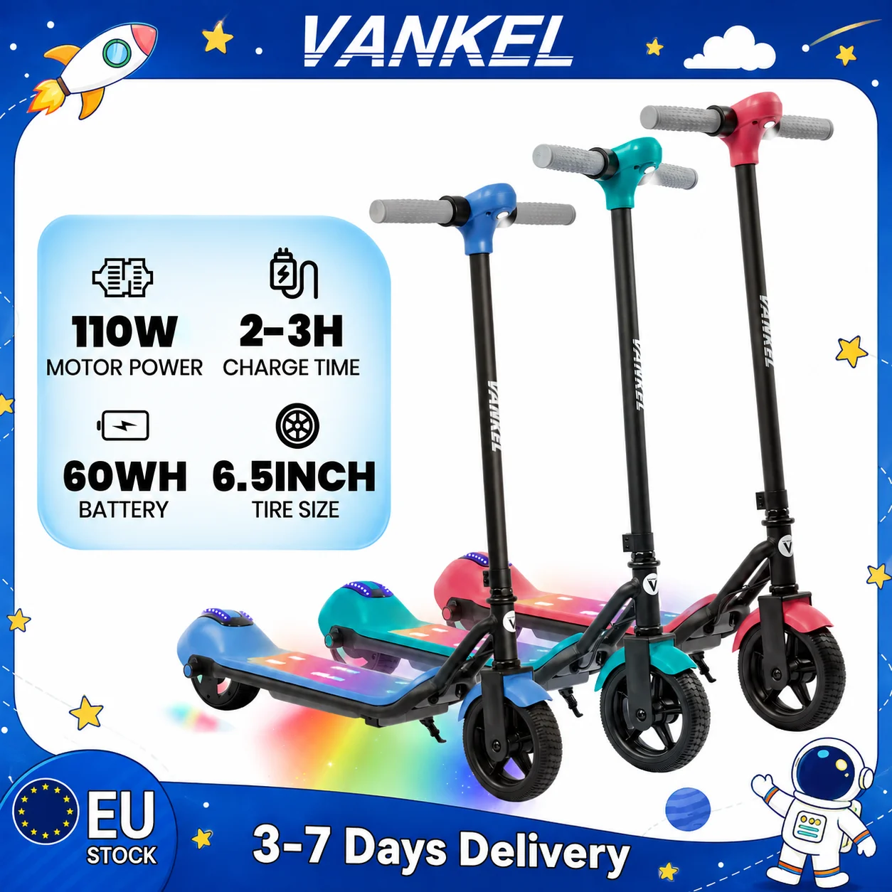 Sinaopus Elektroroller für Kinder mit 6,5-Zoll-Rädern, geeignet für Kinder von 6–12 Jahren, mit LED-Rädern sowie rutschfestem Trittbrett und rutschfesten Griffen.