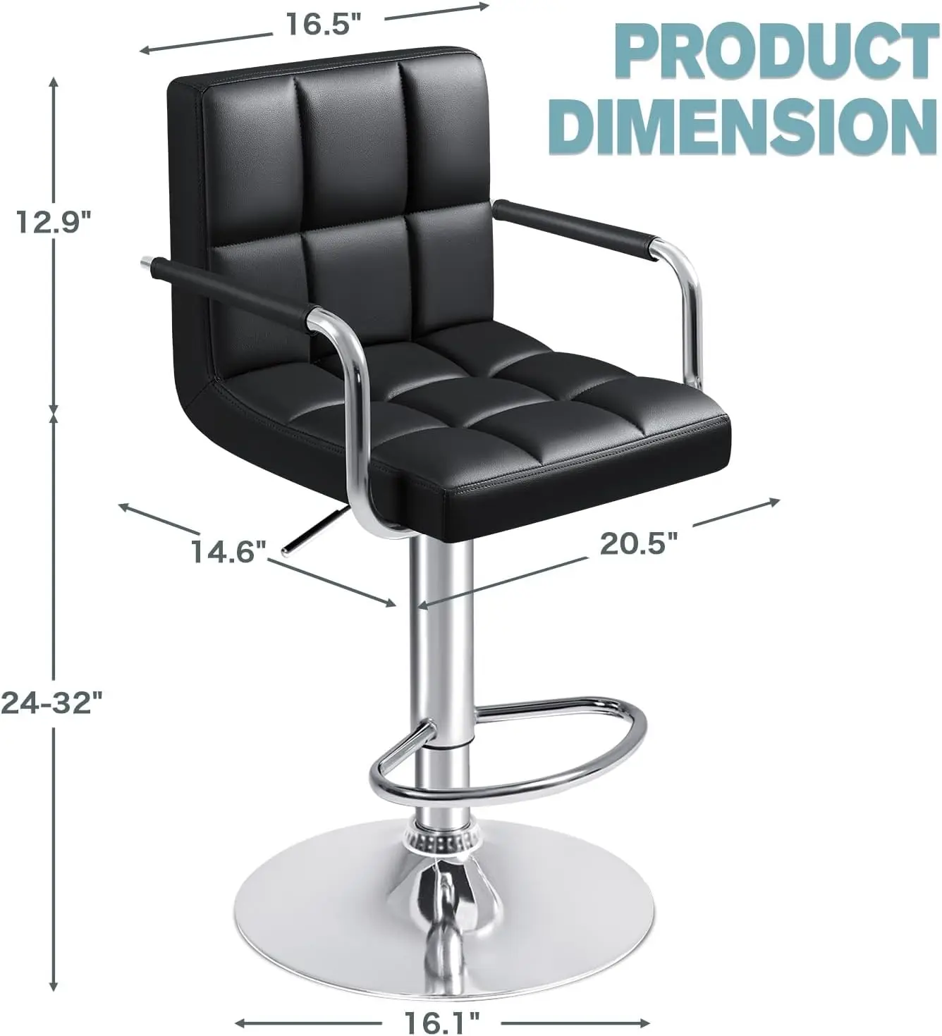 Bar Stools with Armrest Modern PU Leather Swivel Adjustable Hydraulic Bar Stool X-Large Base and Seat Square Counter