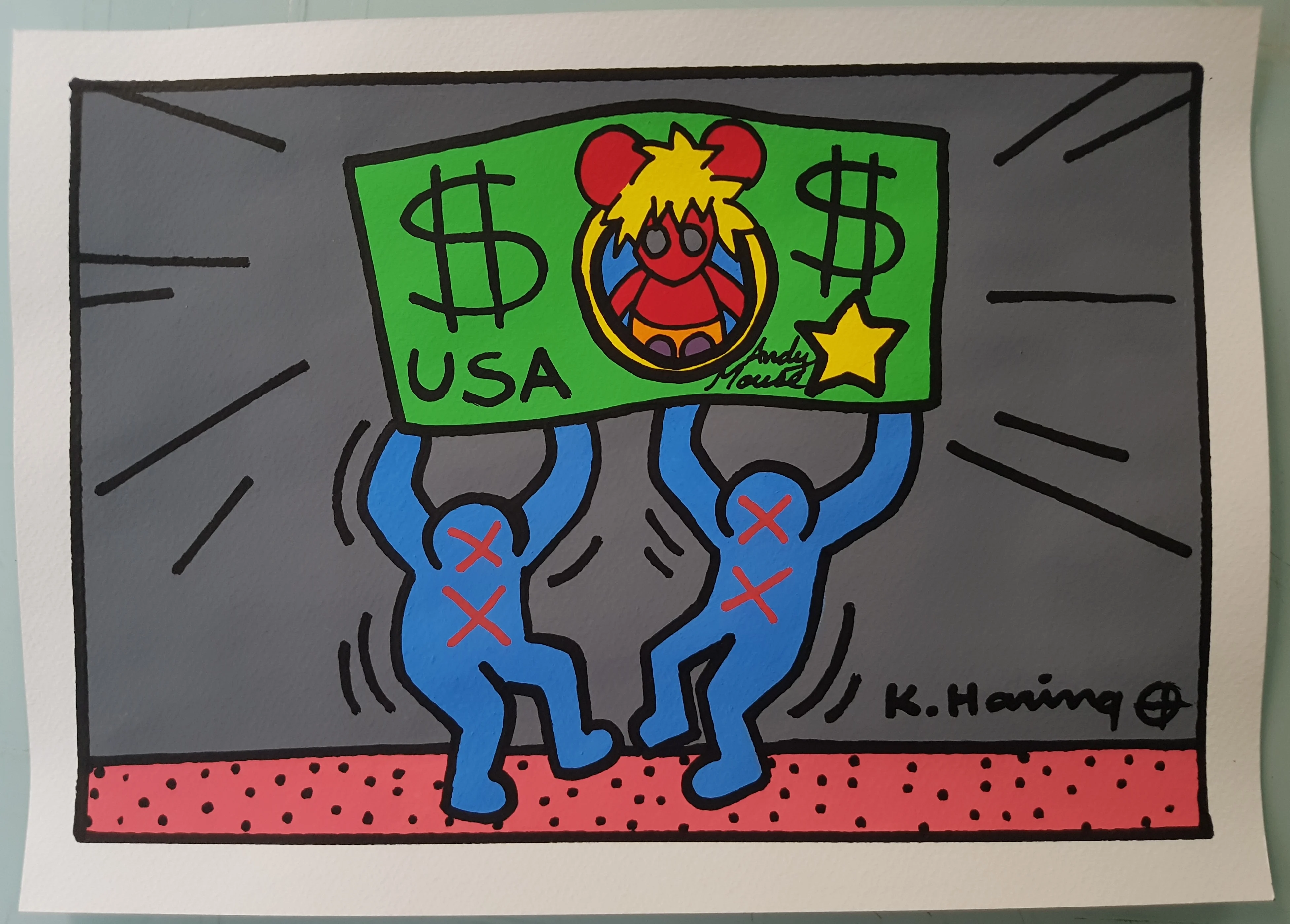 

Keith Haring drawing. Watercolor on paper. Pop Art. Handmade. Vintage. Art. Watercolor Painting. Home Office Decor. Yellow Poste