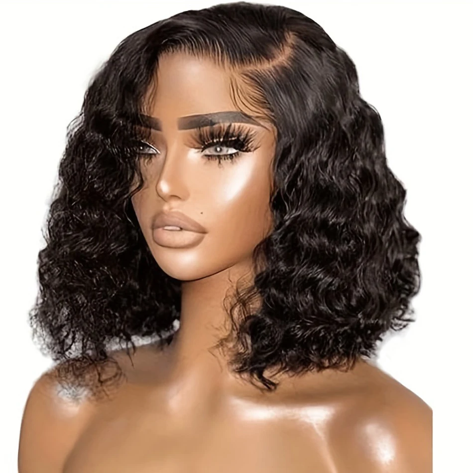 200% Dichte tiefe Welle lockige kurze Bob Perücke brasilia nischen Menschenhaar 13x4 HD transparente Spitze Frontal Perücken mit Babyhaar vor gezupft