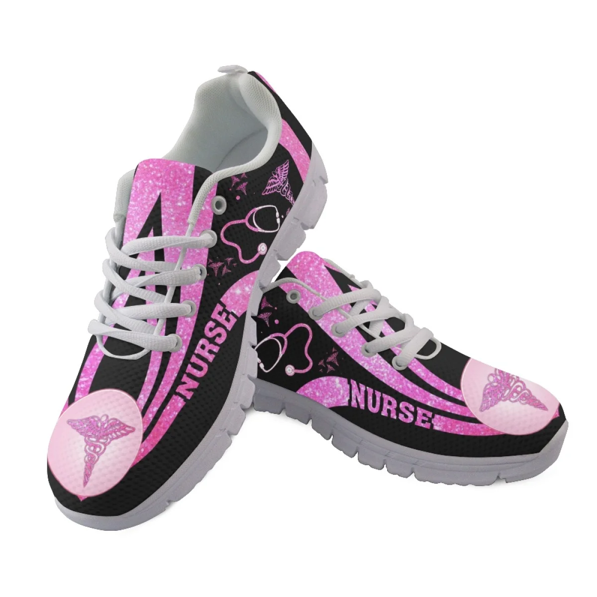 INSTANTARTS Pink Nurse Shoes for Women Comfort Walking Sneakers Paramedic EMT EMS Pattern Lace-up Flat Shoes for Ladies Gifts