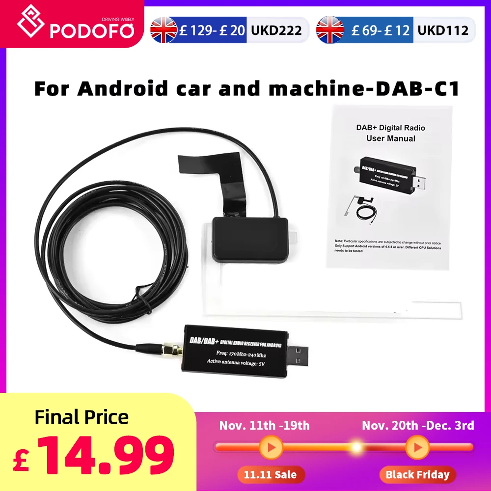 Podofo DAB+ Antenna For Car Android Radio Receiver Tuner USB interface Car GPS Receiver DAB+ Signal Receiver For Universal