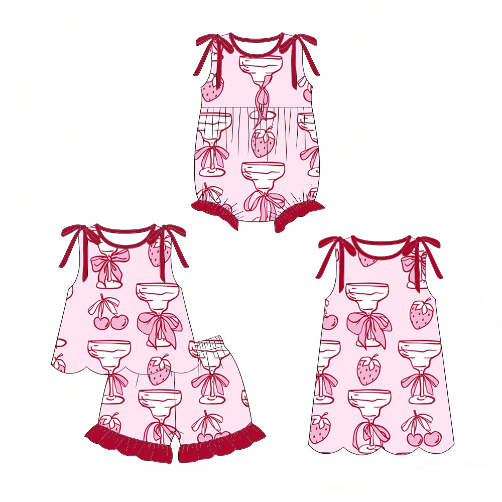 Boutiqu Kid's Clothing Set Bow-Embellished Strappy Romper with Matching Dress and Outfit featuring Strawberry Cup and Bow Print