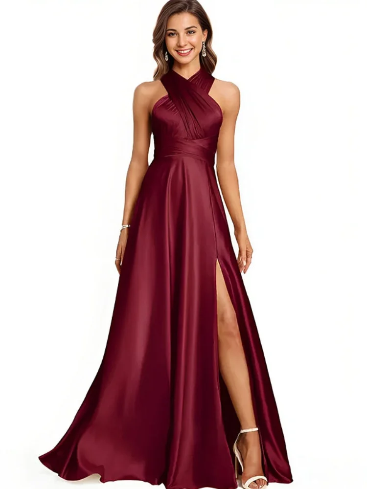 Satin A-line Halter Sleeveless Party Dresses Simple Backless Floor-Length Bridesmaid Dress For Wedding Party High Slit Gowns