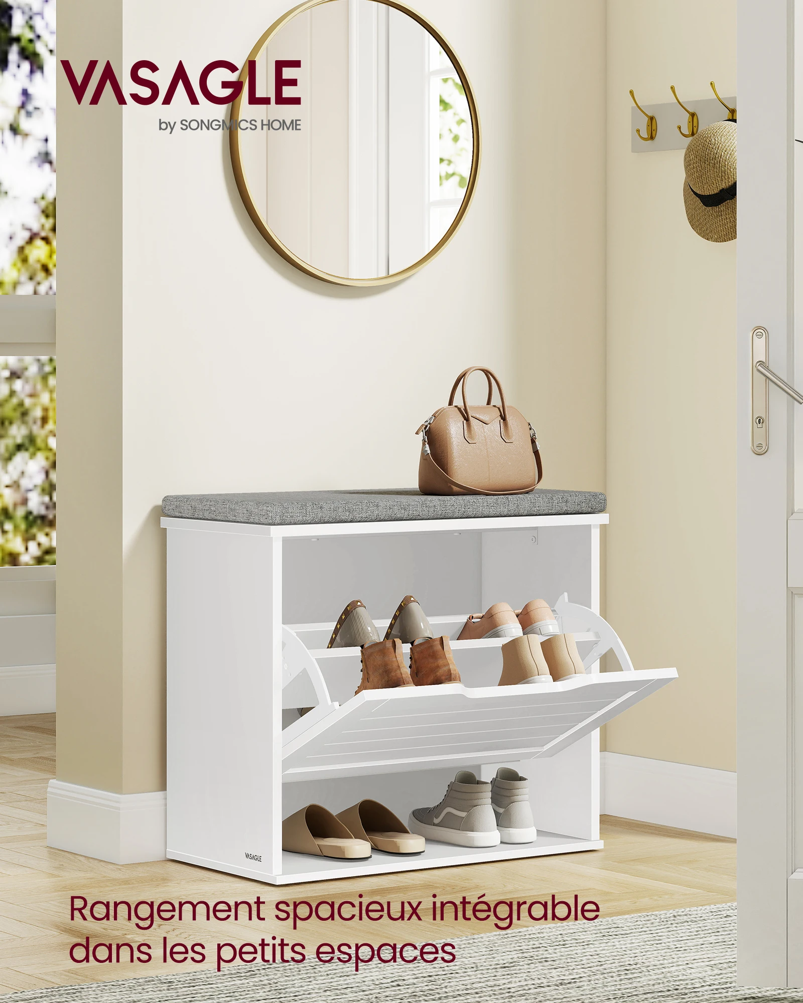 VASAGLE Banc à Chaussures Rembourré, Meuble d’Entrée sur 3 Niveaux pour 6 Paires de Chaussures, Tiroir Rabattable, 30 x 60 x 53,5 cm, pour Entrée, Chambre