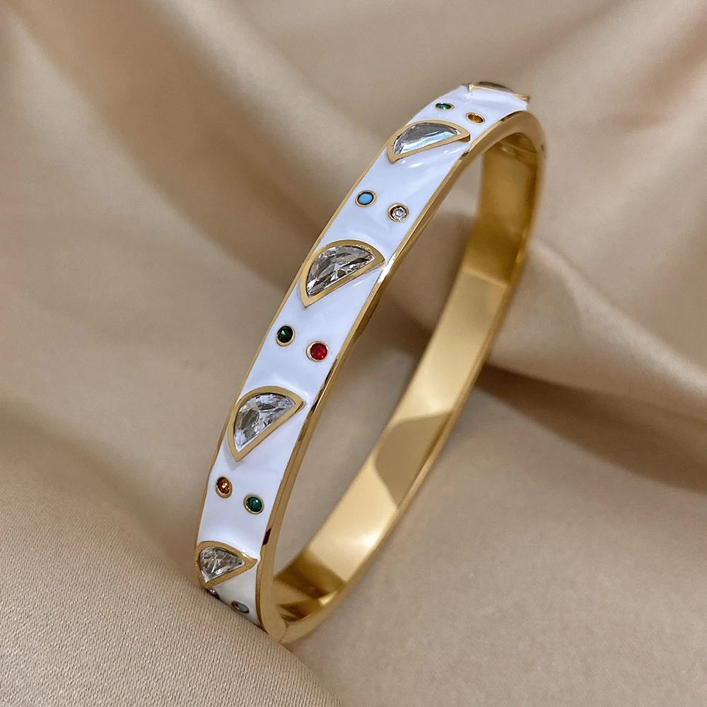 New Waterproof Enamel Painted Stainless Steel Bangle Vintage Royal Colorful CZ Stone Cuff Bracelet Women Men Wristband Jewelry