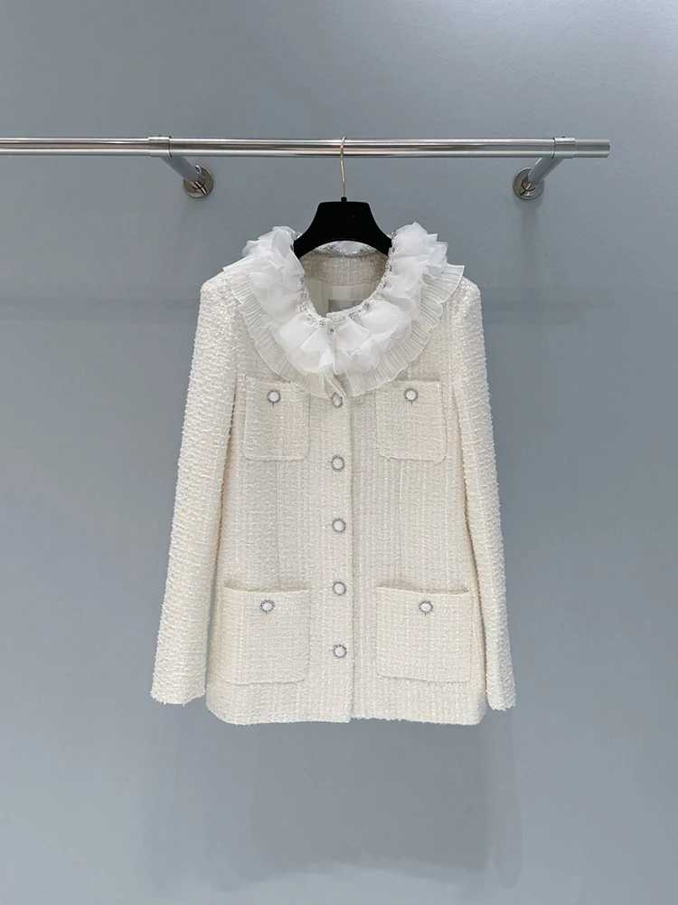 

Spring Summer New style Fashion Lace collar Wool white Jacket Woman Fashion Multiple pockets Single-row buckle Jacket Coat