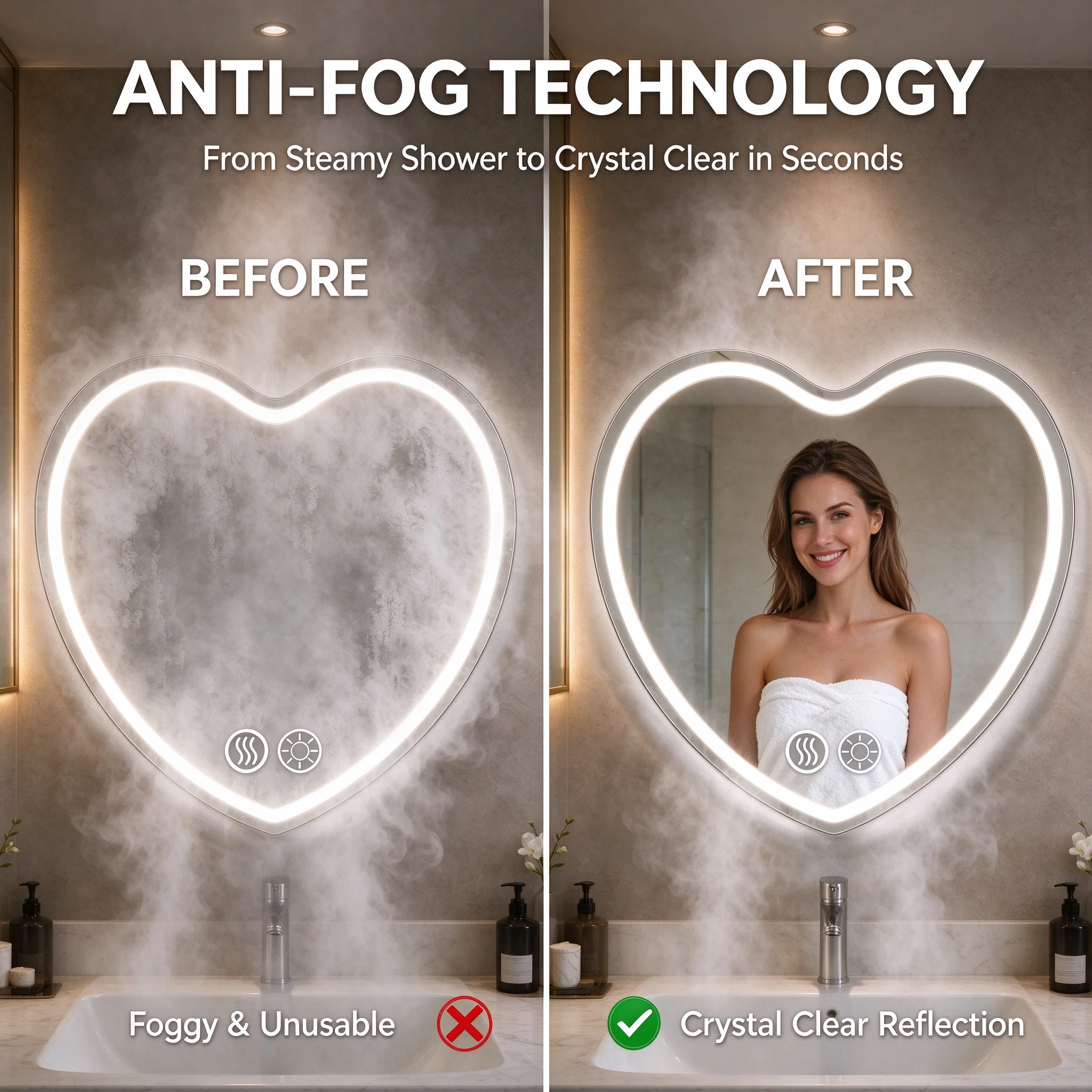 Heart Shaped LED Wall Grooming Mirror 22 Inch, Touch Sensor Auto Steam Defog, Hold Touch Button for Smooth Brightness Adjustment, Illuminated Decor Makeup Mirror for Bedroom Bathroom