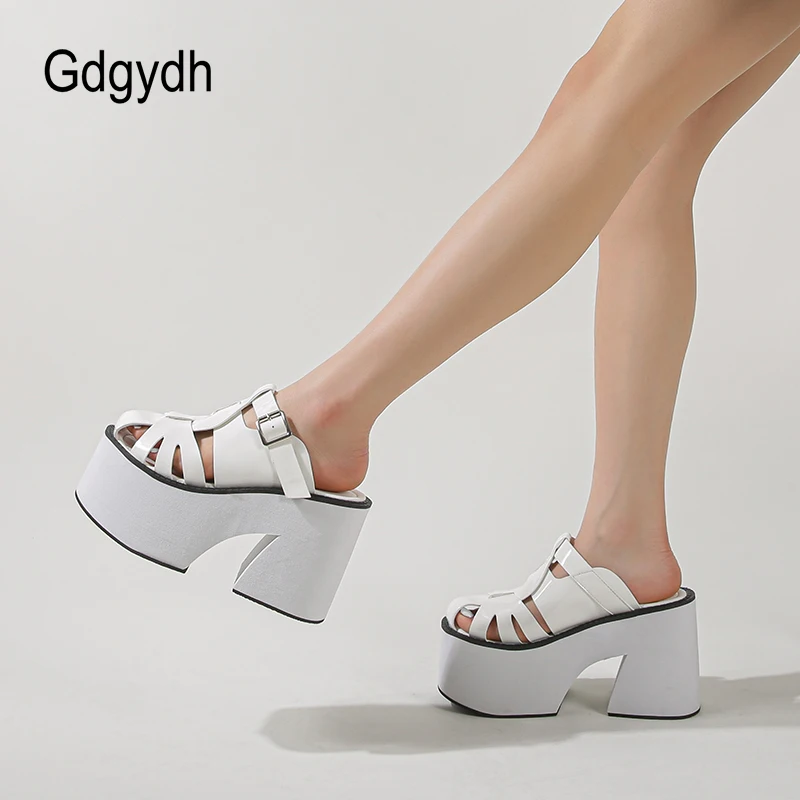 Gdgydh Women Platform Sandals Closed Toe Buckle Decor Solid Color Slip On Chunky Heels Mules Outdoor Non Slip Breathable