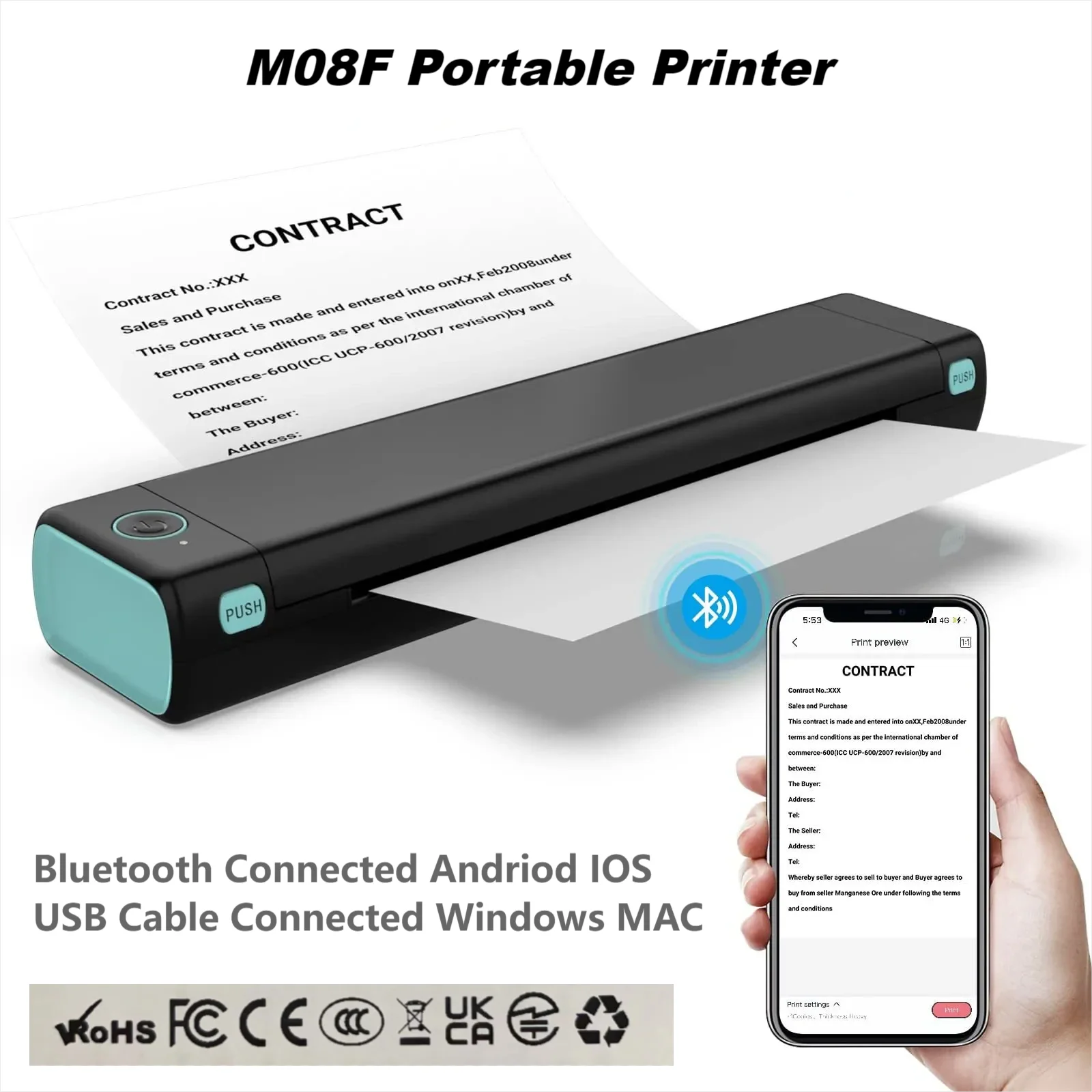 Portable Thermal Printer M08F A4 216MM Wireless Bluetooth Connect With Mobile&Computer HD Inkless Direct Print for Home Office