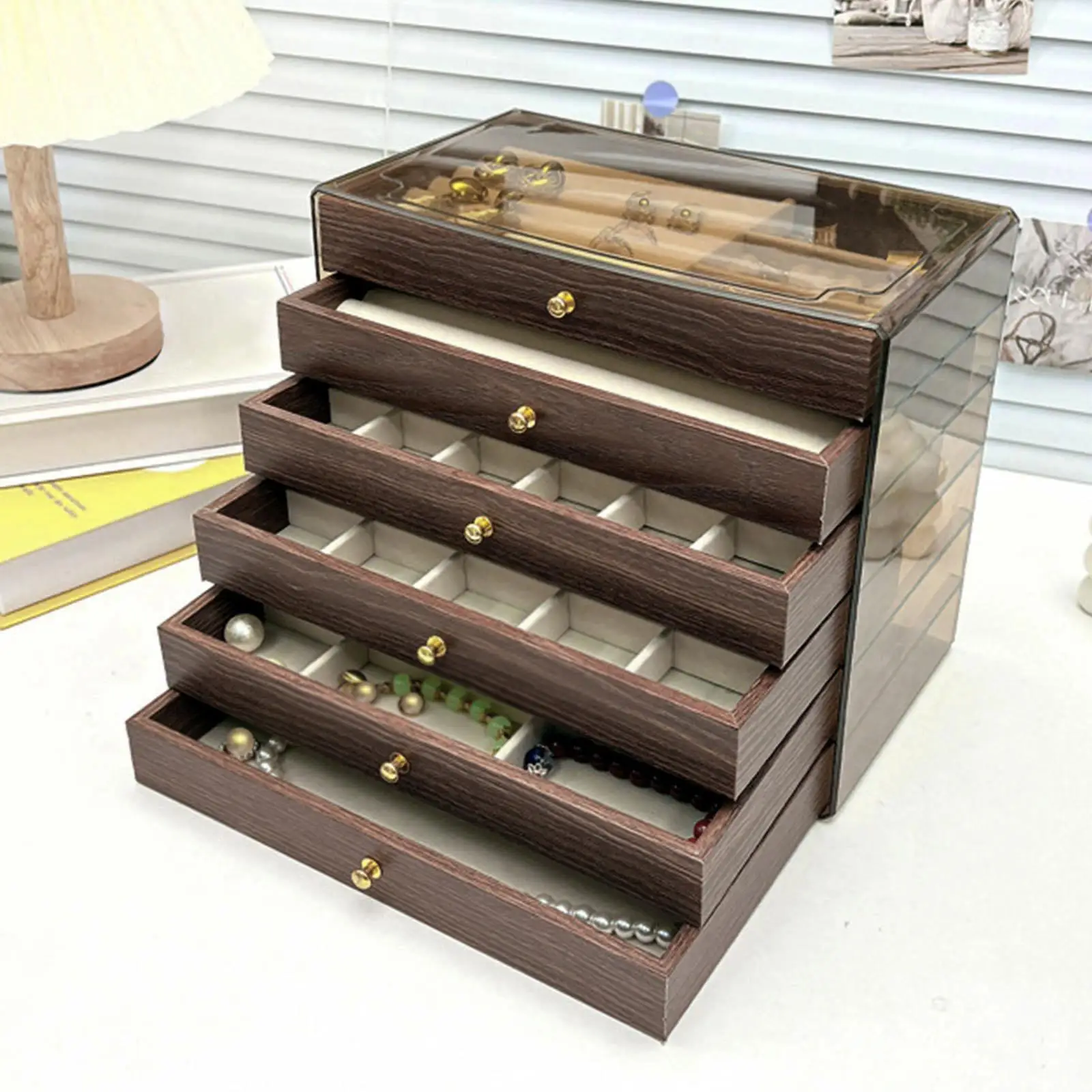7-Tier Large Jewelry Box Jewelry Organizer Earrings Ring Drawer Type Storage Box Multi-functional Storage Case Vintage Wood Gift