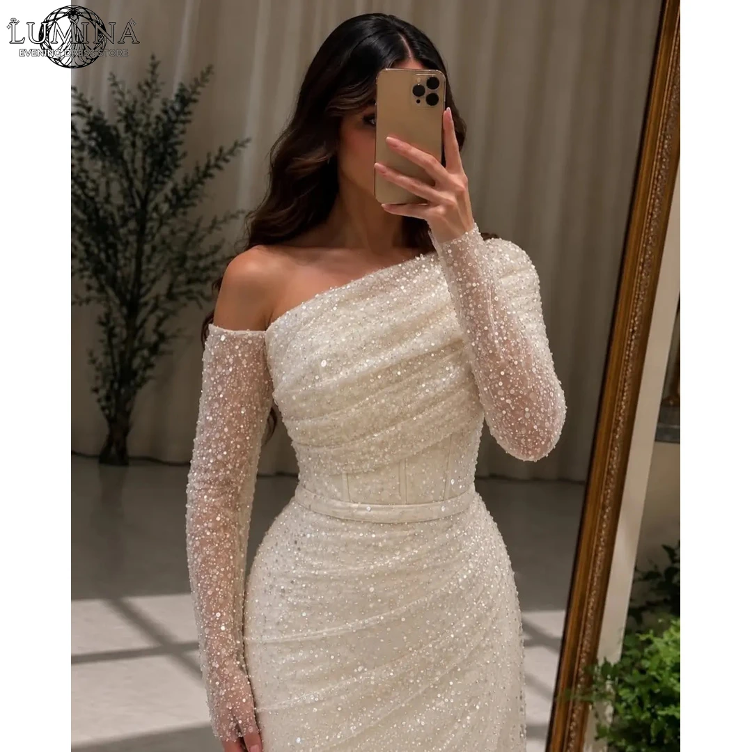 Lumina Asymmetrical Long Sleeves Party Dress Woman Fish Tail Women's Evening Dresses for Events Customized Lace Embroidery Prom