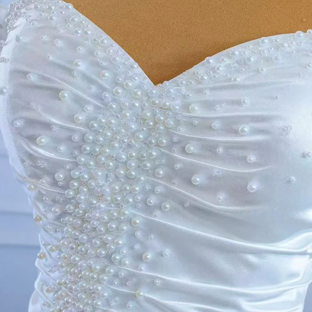 Robe mariée querida fora do ombro rendas até as costas franzidas miçangas cristal pérolas vestido de noiva