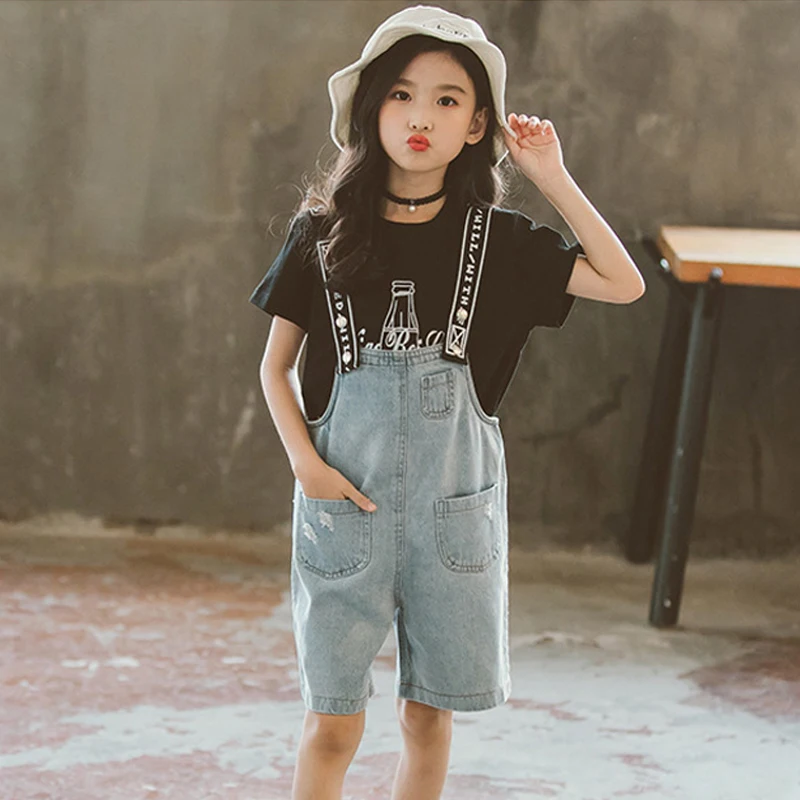 Baby Po Elementary School girl clothes upper and lower clothes for the back of the summer summer half-sleeved suspenders upper and lower set B27