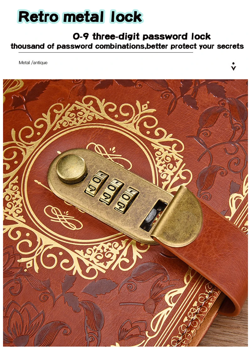 Retro-Digital-Passwort-Notizbuch, Tagebuch mit Schloss, A5, perfekt für Männer und Frauen – PU-Leder, Zahlenschloss, Personen, Privatsphäre – Detail 5