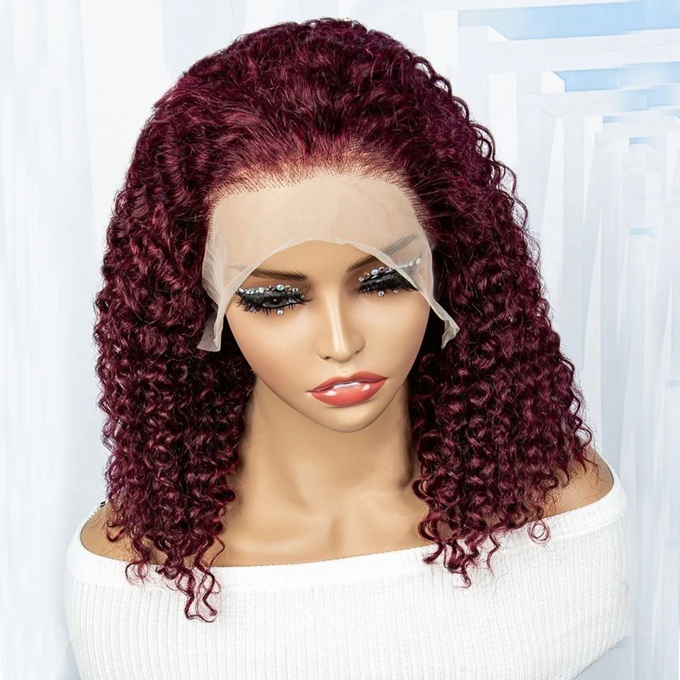 

250% Density Burgundy Color Red #99J 13x4 Lace Front Short Bob Wigs Curly 100% Human Hair Lace Wigs Deep Wave Bob Wigs For Women