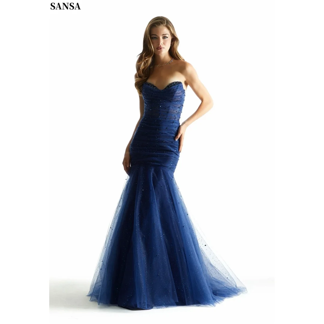 

Sansa Customized Navy Blue Tulle Prom Dresses Mermaid Silhouette Floor Length vestidos de noche Flared Hem Formal Evening 2026