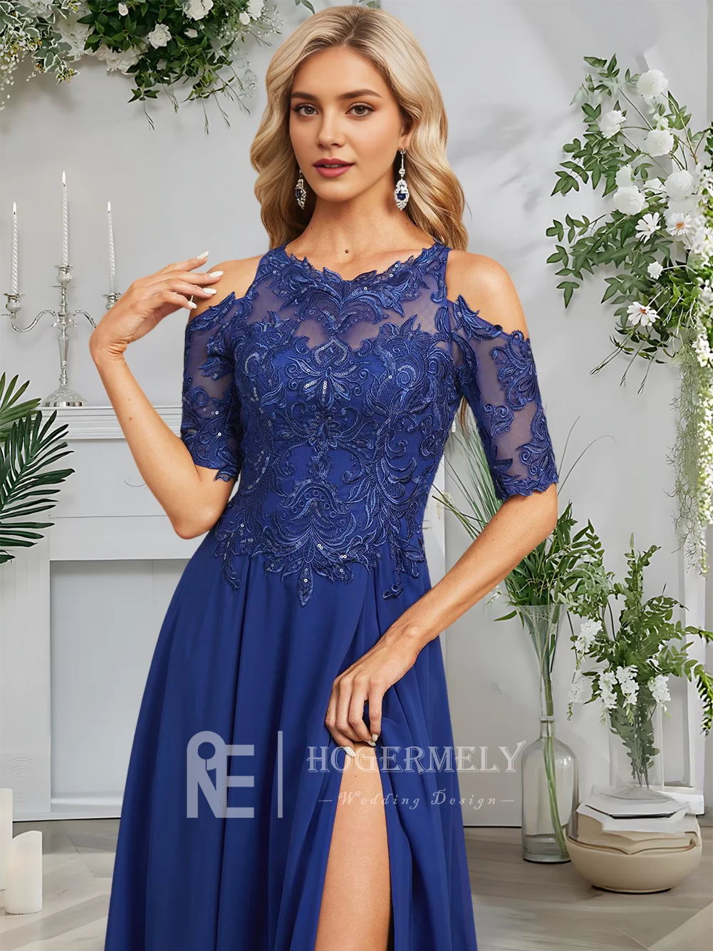 A Evening Dress Royal Blue A-Line Cold Shoulder Scoop Chiffon Lace Prom Dress Sweep Train 1/2 Sleeve Formal Wedding Party Guest