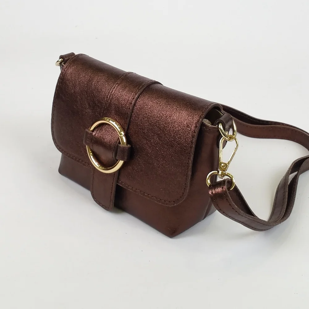 Bolso pequeño de cuero con diseño iridiscente.