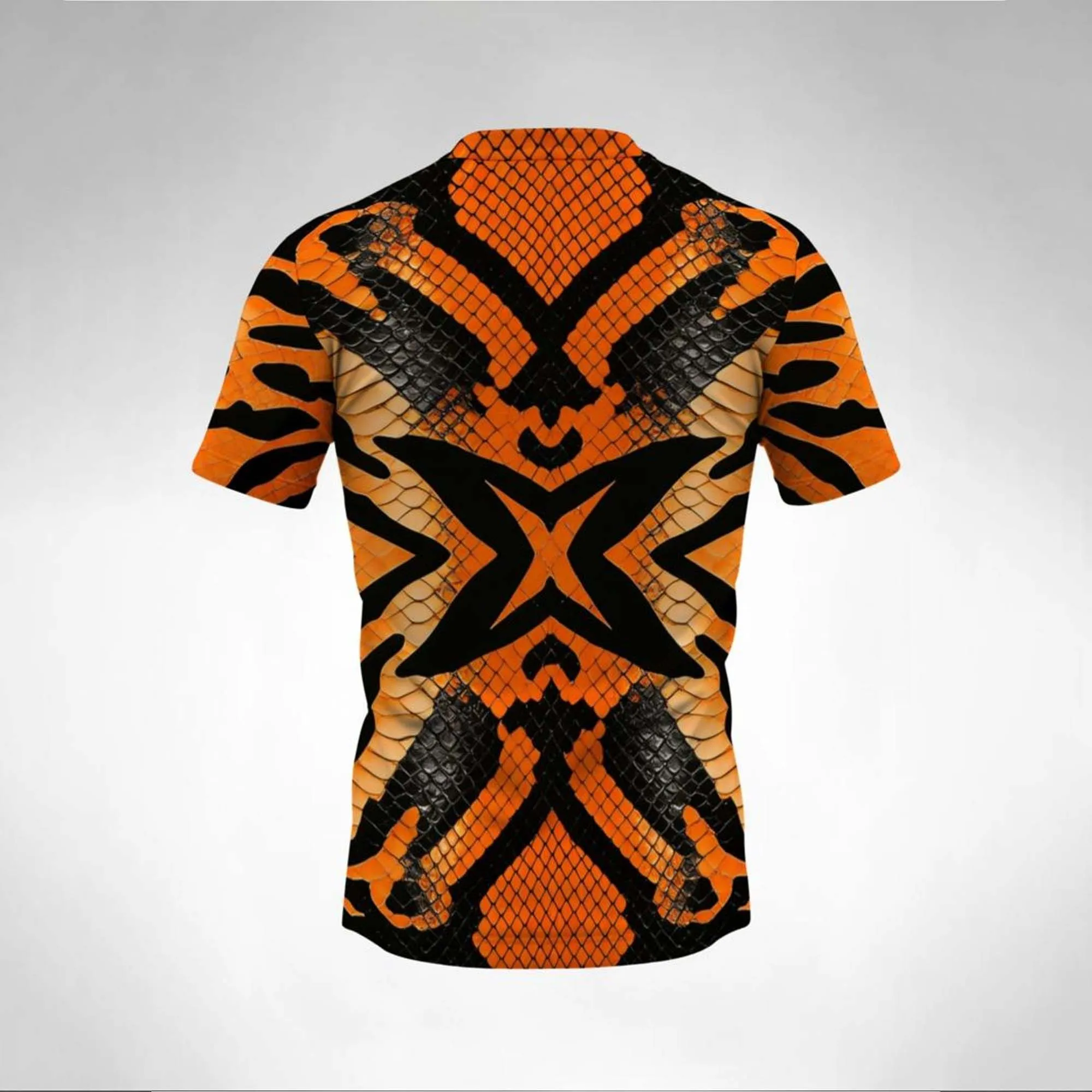Men Orange Black Snake Skin Tiger Stripe Print T Shirt Stretch Short Sleeve Y2K Streetwear Animal Pattern Gym Casuaal Fitted Tee
