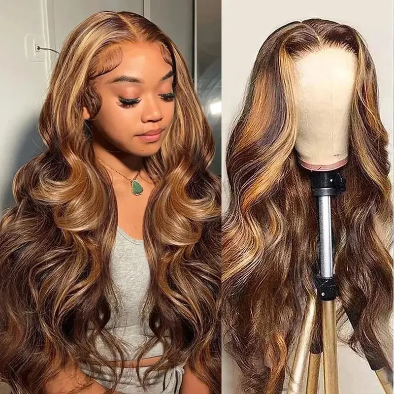 4/27 Highlight Colored Ombre Blonde Body Wave Wig Human Hair 30 34 Inch Brazilian 13x4 13x6 HD Transparent Lace Frontal Wig