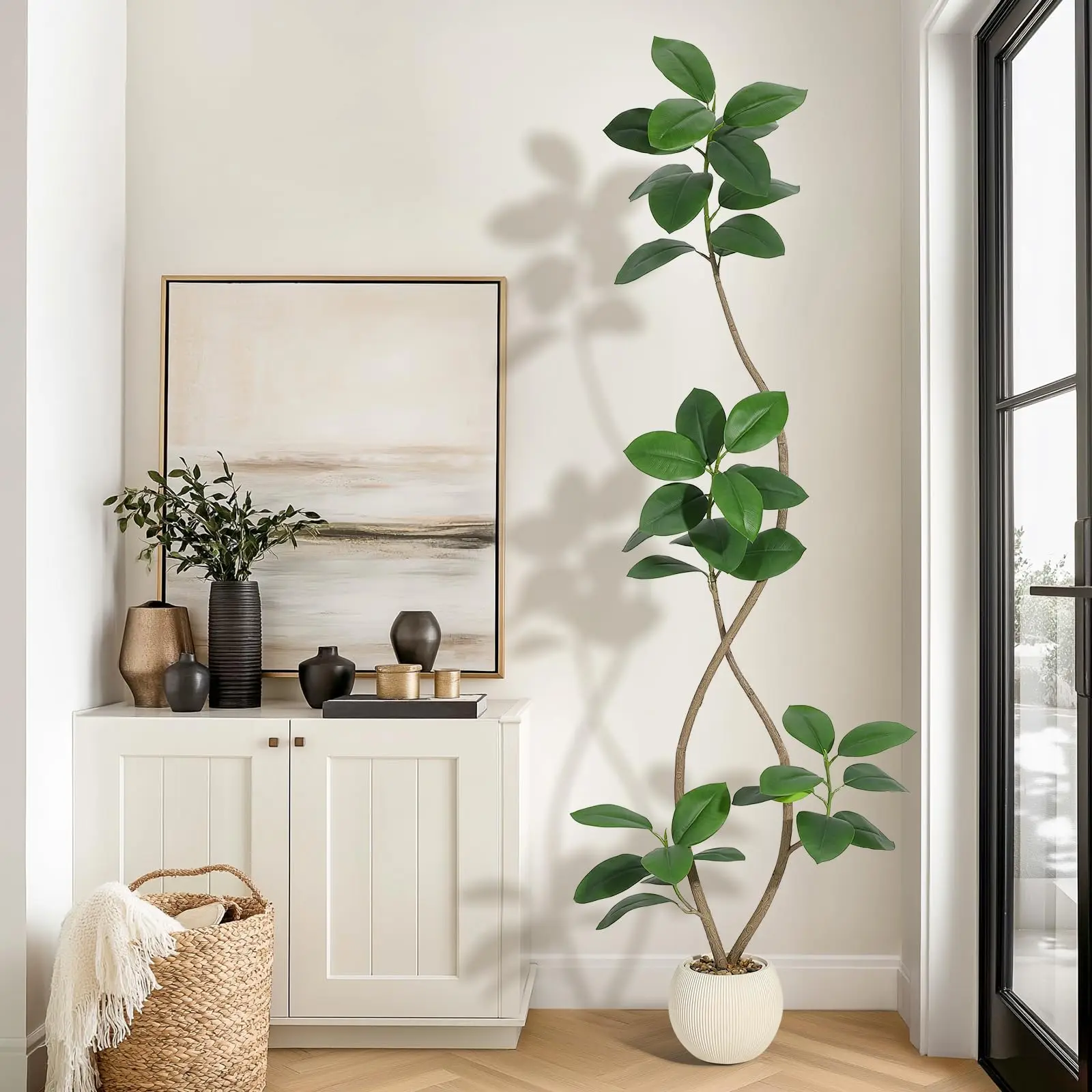Plante artificielle en caoutchouc de 180/210 cm avec pot sphérique crème et pierre, Ficus lyrata d'intérieur, grand arbre tropical artificiel sur pied