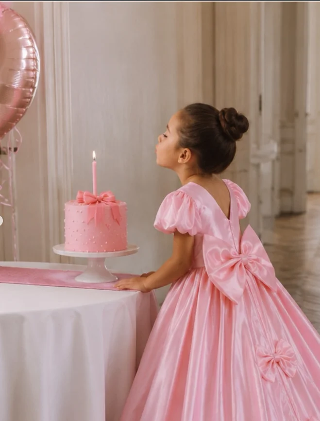 Pink Tail A Line Flower Girl Dresses With Bows Puff Sleeves Wedding Party Dress Floor Length Birthday Gowns Customized 2026