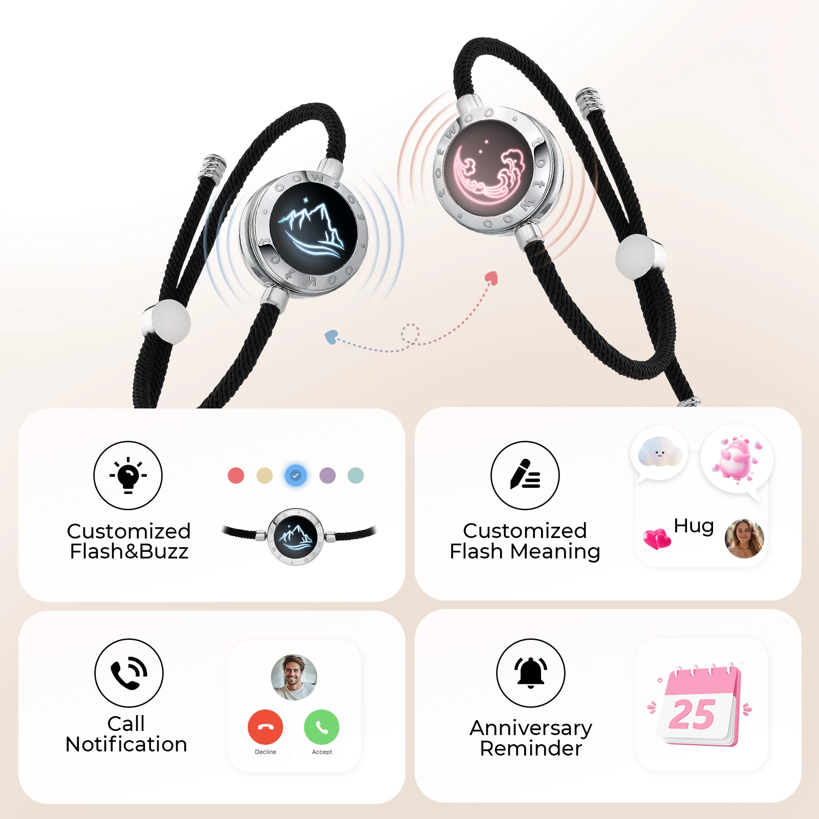 สร้อยข้อมือคู่รักอัจฉริยะ Totwoo เชื่อมต่อ Bluetooth ของขวัญโรแมนติกเพื่อความสัมพันธ์ทางไกล