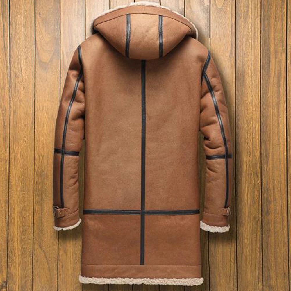 Denny & Dora Men's Shearling Coat - Hooded Leather Coats, Brown Color, Long Style Sheepskin Leather Jacket