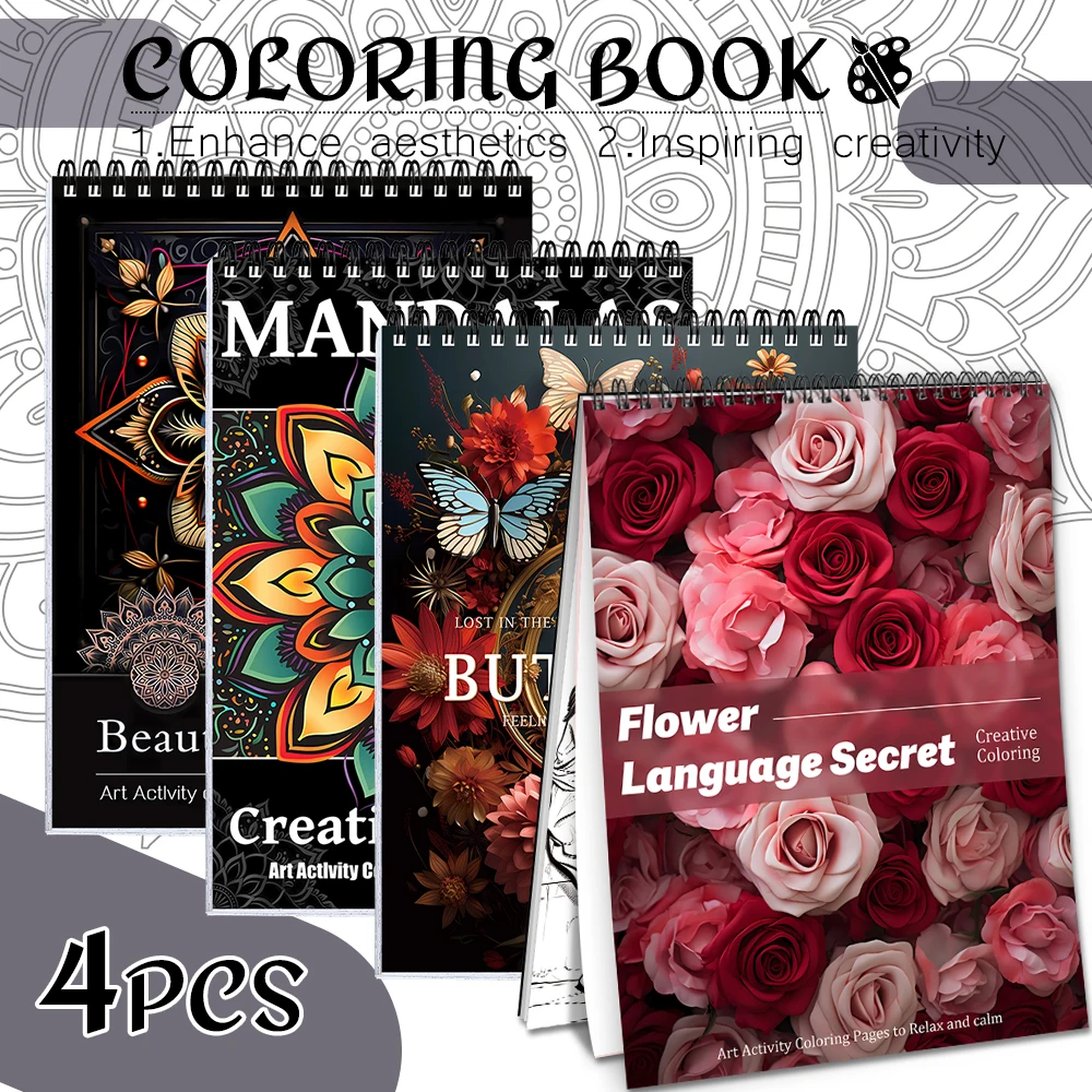 

4pcs coloring book set, with the theme of regular mandala and flower world, one-sided coloring, luxury gift.