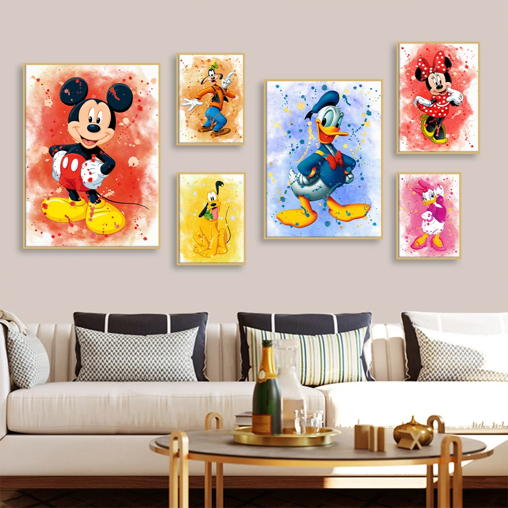 

Miniso Disney Mickey and Friends Poster Set Mickey Mouse Print Canvas Watercolor Donald Duck Wall Art Room Decor Children's Gift