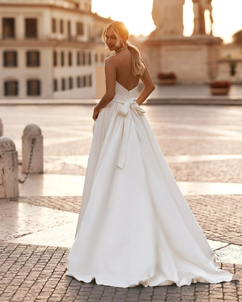 Msikoods Customized Satin Wedding Dress With Bow Back Sweetheart Neckline A-Line Bridal Gown with Pockets Elegant Wedding Dress