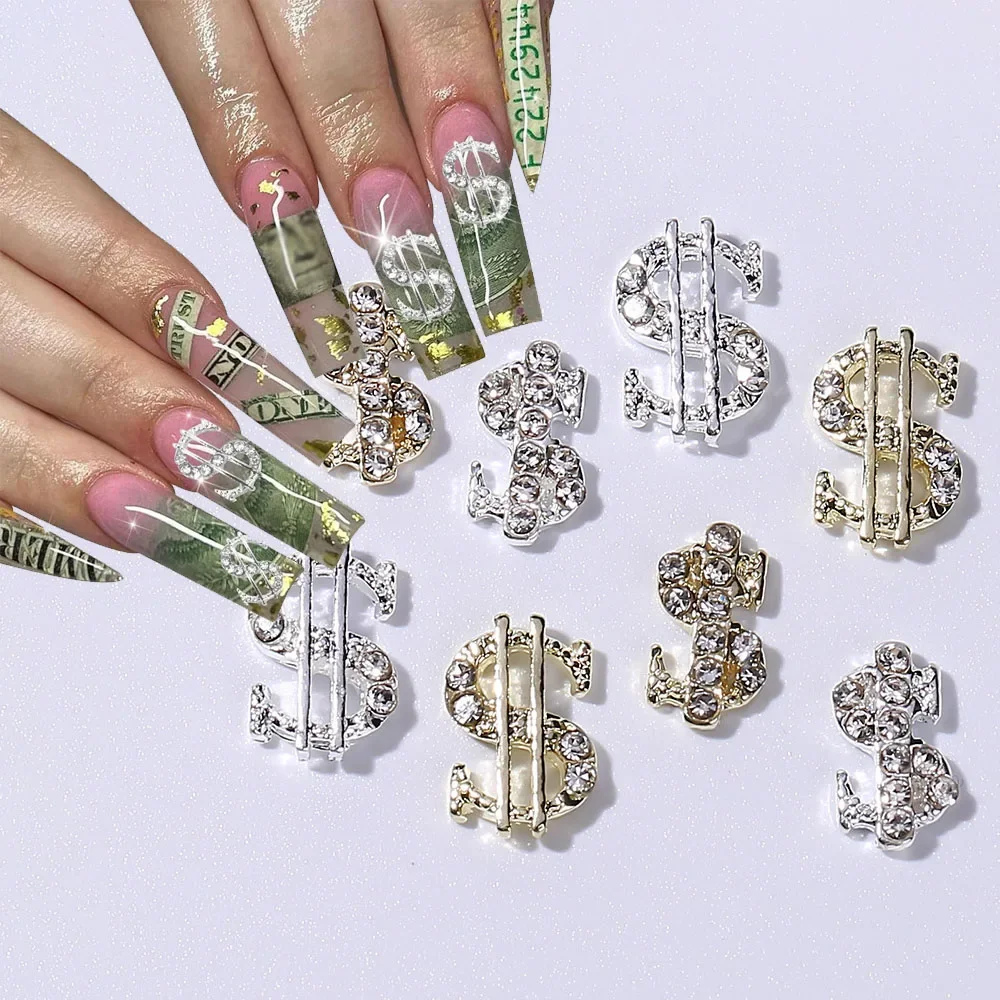 Breloques 3D en forme de Dollar pour Nail Art, en alliage métallique, accessoires en diamant avec pierres précieuses et strass, fournitures d'argent de luxe, 10 pièces