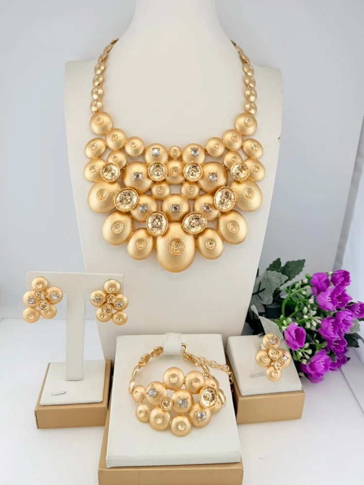 Yulaili Dubai Gold Plated Jewelry Sets for Women African Italian Matte Large Chunky Necklace Earring Bracelet Ring X00169