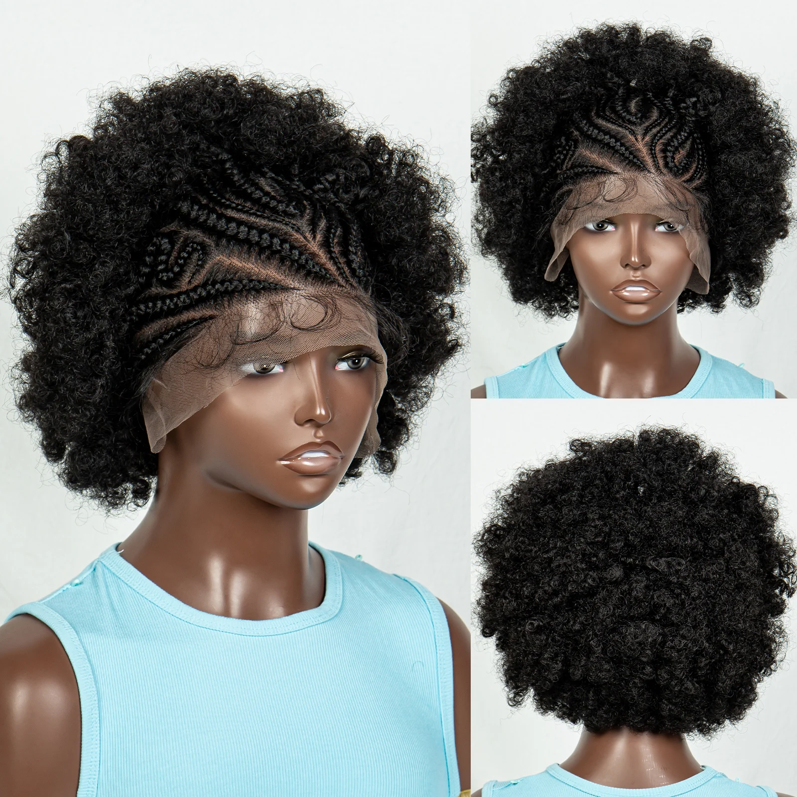 Synthetische Kant Gevlochten Pruik Kort Krullend Gevlochten Pruiken Voor Zwarte Vrouwen Kontless Box Vlechten Pruiken Afro Kinky Krullend Haar Pruik