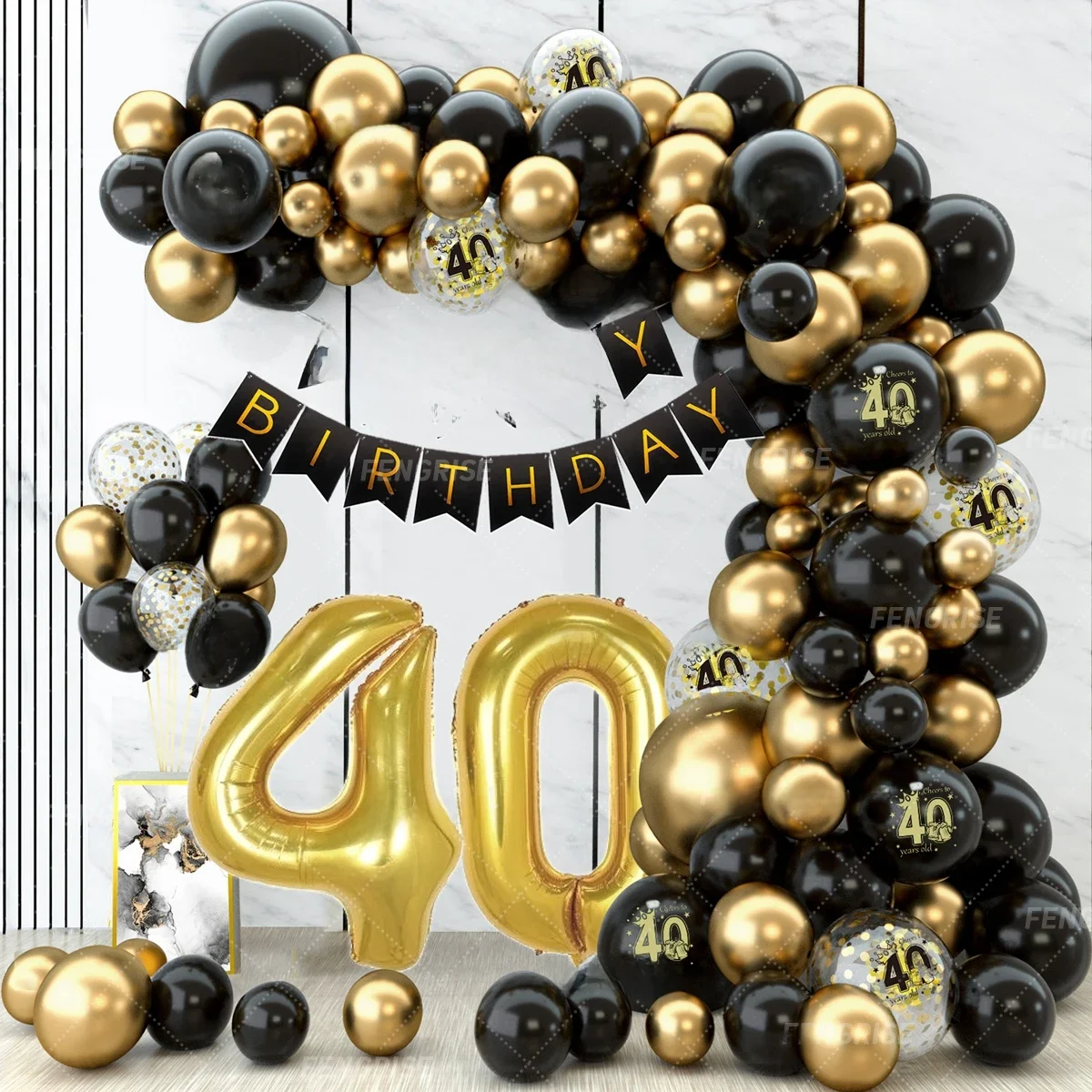 Kit d'arc de guirlande de ballons en or noir, décor de fête d'anniversaire joyeux 18 30 40 50 ans, confettis d'anniversaire pour adultes, ballon en Latex