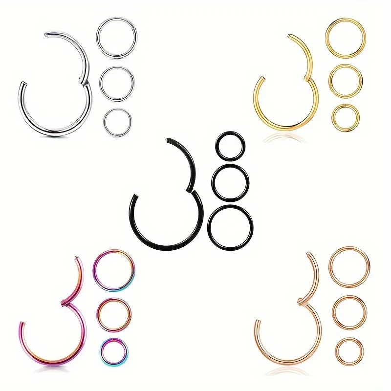 4pcs 316 Stainless Steel Hinged Nose Ring For Men, Body Piercing Ring, Ear Lip Ring, 8/10/12/14mm Seamless Piercing Ring