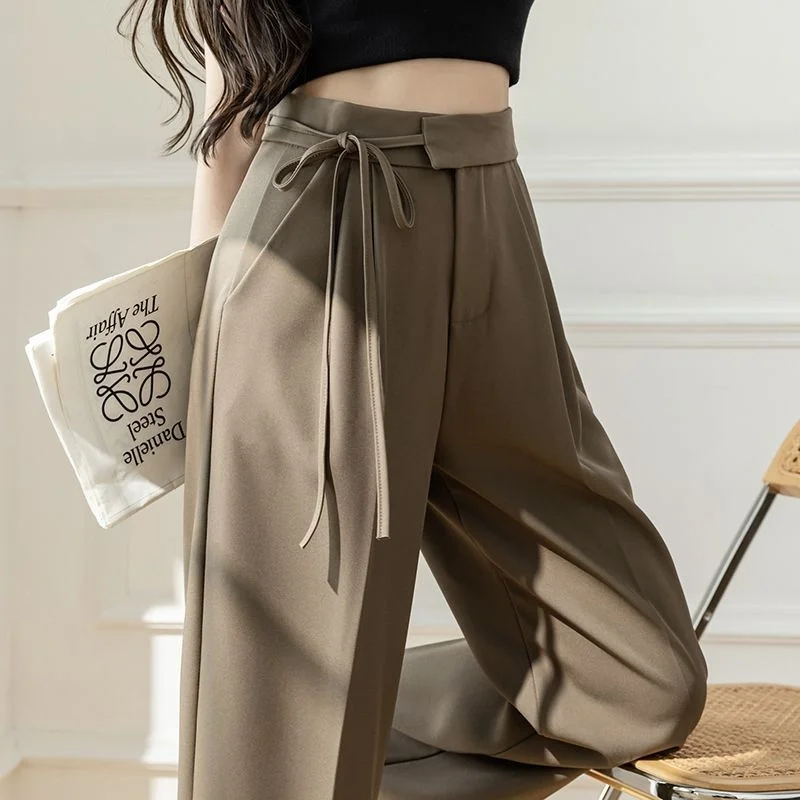 Lady Baggy Pants High Waist Lace Up Straight Leg Pants Women's Classic Designer Suit Trousers High Fashion Korean Style Office